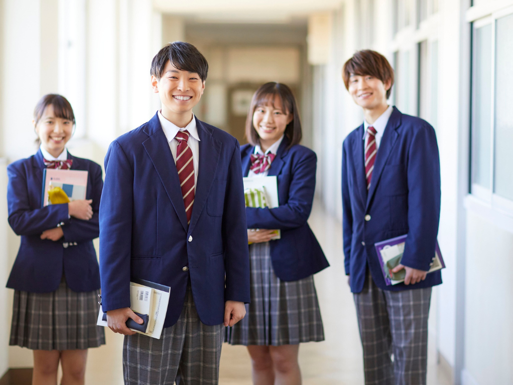 Private school students standing in a school hallway