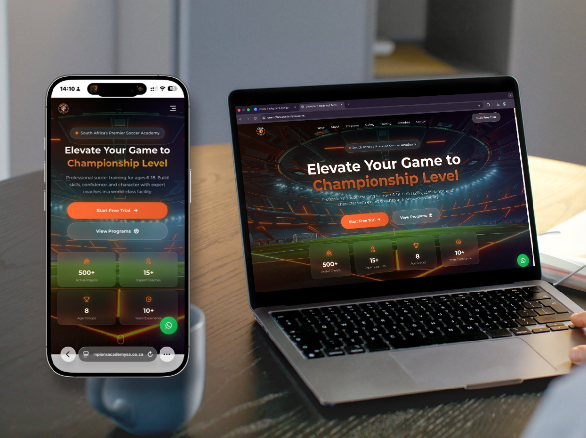Champions Academy soccer school website displayed on laptop and mobile