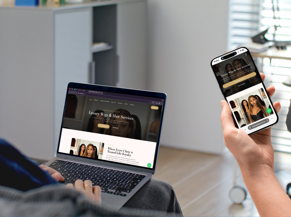 Hair Magic salon website displayed on laptop and mobile